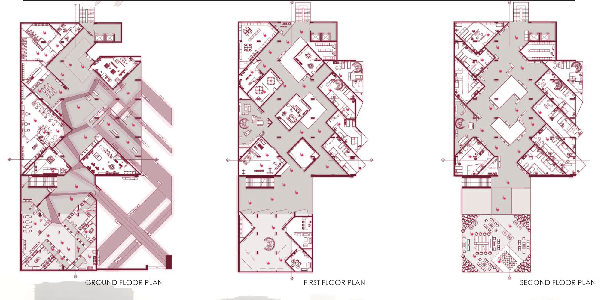 Ground, first and second floor plans
