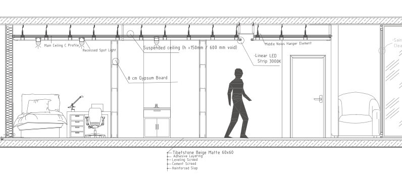 Dormitory section B-B with material build-up